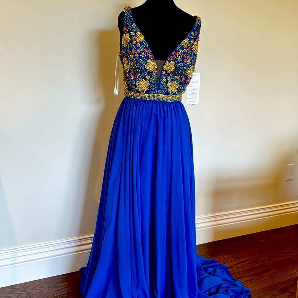 Blue and Gold Embellished Scoop Neck Gown